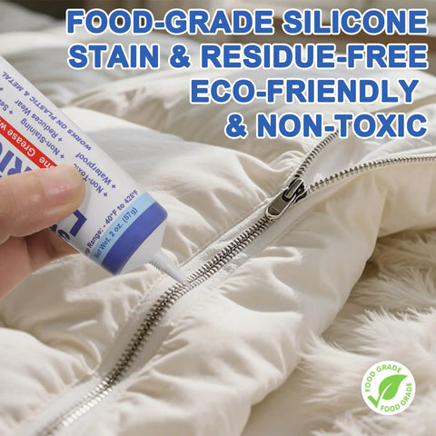 Zipper Lubricant For Plastic And Metal Zippers Silicone Grease With PTFE Marine Grade 2 Oz applied to metal zipper on fabric