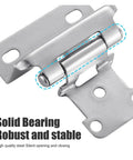 Close-up of satin nickel finish spring hinge showing solid bearing for kitchen cabinets. Two Pack One Half Inch Self Closing Spring Hinge For Kitchen Cabinets And Furniture Hardware Semi Hidden Cover Hinges Satin Nickel Finish Delivers Smooth Soft Close Action For Long Lasting Use.
