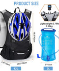 Ultra Lightweight Hydration Backpack for Runners and Cyclists, 2L Water Bladder, mesh back panel, with blue helmet attachment