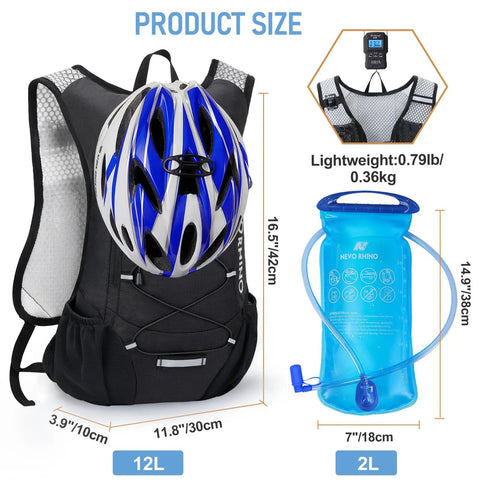 Ultra Lightweight Hydration Backpack for Runners and Cyclists, 2L Water Bladder, mesh back panel, with blue helmet attachment