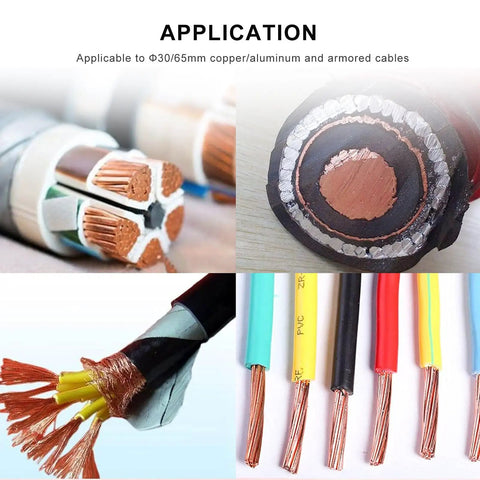 Heavy Duty 65Mm Cordless Hydraulic Cable Cutter With Charging Base shown with various copper and aluminum cables for cutting applications.