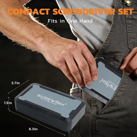 Person placing 66 In 1 Magnetic Ratcheting Screwdriver Set With Pivot T Handle in pocket