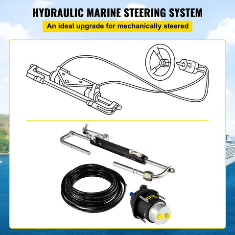 Hydraulic Outboard Steering Kit For 90HP Motors With Helm Pump Cylinder Marine Steering System Upgrade Durable Aluminum Alloy Casing Built In Two Way Lock Strong Nylon Hose Easy Installation with helm and pump visible.