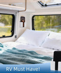 Wall Phone Holder For Camper RV Boat Two Pack White Heavy Duty Adhesive Mount in RV bedroom, phone on holder next to bed.
