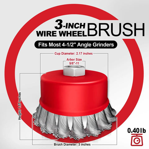 3-inch wire wheel brush for angle grinders, featuring a 5/8"-11 arbor, shown with dimensions. Part of Twelve Pack Angle Grinder Wire Wheel Set 3 Inch And 4 Inch Brushes For Five Eighths Inch Arbor Rust Removal And Metal Surface Prep Heavy Duty Knotted Wire Attachments For Fast Grinding.