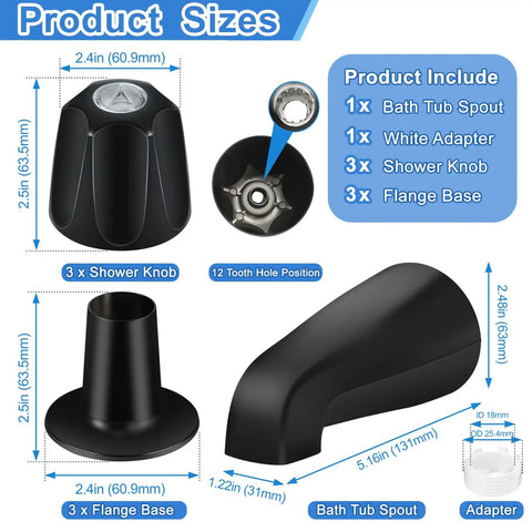 Matte Black Tub Spout And Shower Trim Kit With Three Knobs Including Hot Cold Diverter Easy Install Fits Half Inch Male Thread