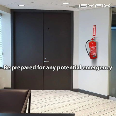 Fire Extinguisher Signs Stickers 12 Pack 4x12 Inch Premium Self Adhesive Vinyl Decals Laminated next to wall-mounted extinguisher
