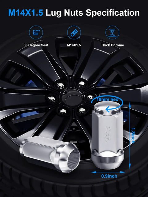 24 Pcs M14x1.5 Lug Nut Set For Chevy Colorado Suburban Silverado Tahoe Express 1500 GMC Yukon Sierra 1500 Ford F150 Expedition Chrome One Piece Design Wheel Nuts displaying size