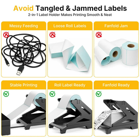Thermal Label Holder For Rolls And Fan Fold Labels Desktop Label Dispenser For Thermal Printers Office And Home Must Have Wide Compatibility With Roll Labels Up To Four Point Seven Six Inch Wide And Six Inch Outer Diameter Black, black desktop label holder with roll and fanfold labels