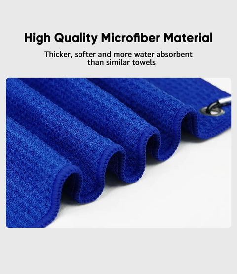 Close-up of blue microfiber towel from Three Color Golf Towel Set For Golf Bags With Microfiber Towels Hook And Loop Fasteners Carabiners.