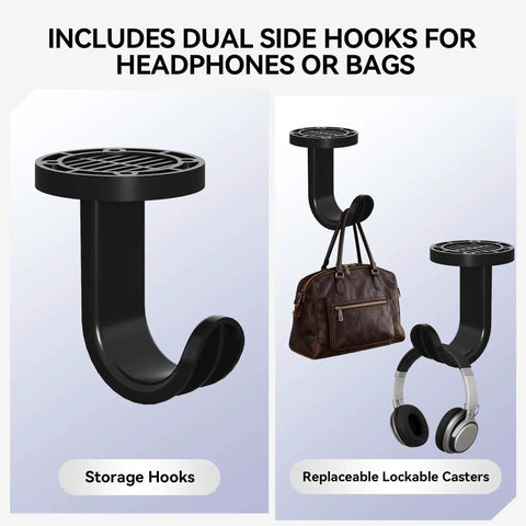 Close-up of storage hooks for Electric Standing Desk 40 By 24 Inch Sit Stand Desk With Memory Presets in black.