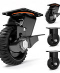 Built Bullet Proof Five Inch Solid Rubber Caster Wheels With Knockout Step On Brake Locks and Smooth Rolling Knobby Treads, shown in close-up.