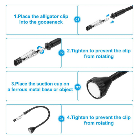 Instructions for 4 Pack Helping Hands Soldering Clamps With Magnetic Gooseneck Metal Arms And Alligator Clips For Electronics Jewelry DIY Projects Silver Black.