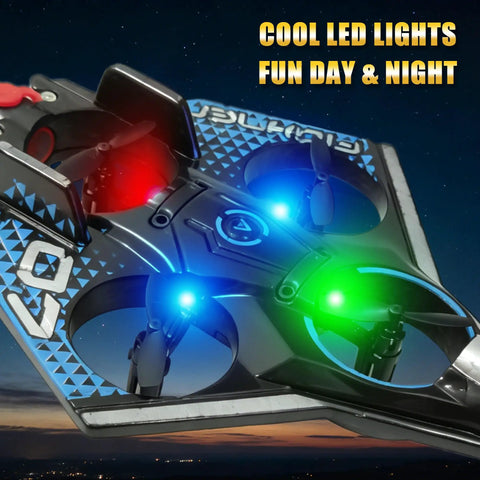 Remote Control RC Airplane With Spray Effect And LED Lights showcasing illuminated foam fighter jet with colorful LEDs at night.