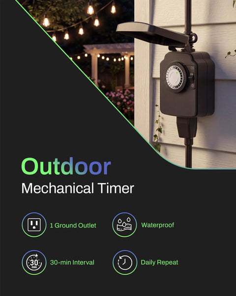 24 Hour Heavy Duty Mechanical Outdoor Timer Outlet With 30 Minute Intervals Waterproof Outdoor Plug for lights and pools