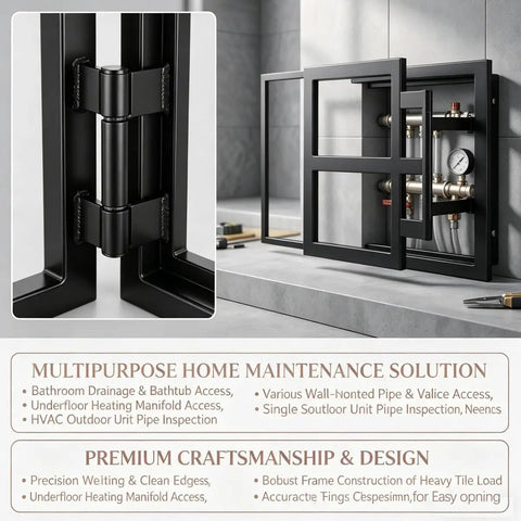 Invisible Tileable Access Panel For Drywall, sleek black wall access door showcasing plumbing features and hinge details.