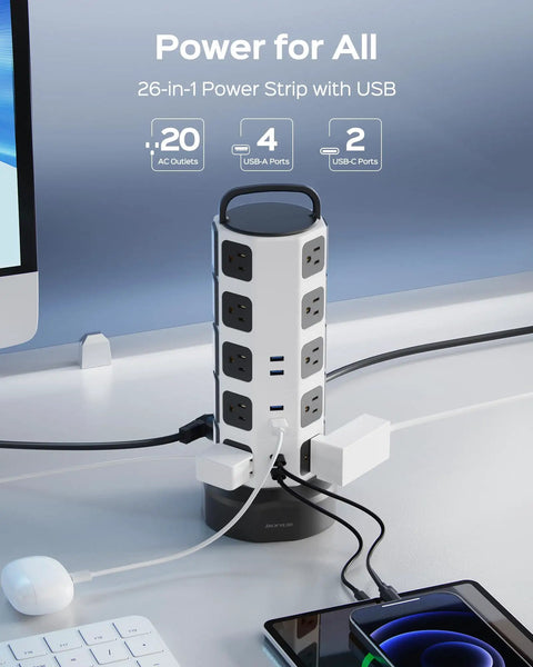 26 In 1 Power Station With 20 Outlets And 6 USB Ports Including 2 USB C Flat Plug Extension Cord 6 Point 5 Ft 1050J Surge Protector 1625W 13A Ideal For Home Office And Gaming Setup