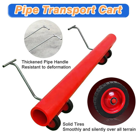 Heavy Duty Pipe Dolly Cart All Terrain Steel Pipe Transport For Construction Sites Warehouses And Workshops Tough As Nails Pipe Handling Equipment Easily Moves Round And Square Pipes And Profiles, red steel pipe cart with solid tires