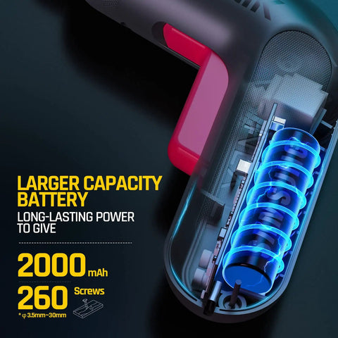 Beast Cordless Screwdriver Kit With 14 Bits, Digital Screen showing 2000mAh Li-ion battery inside with text 'Larger Capacity Battery'