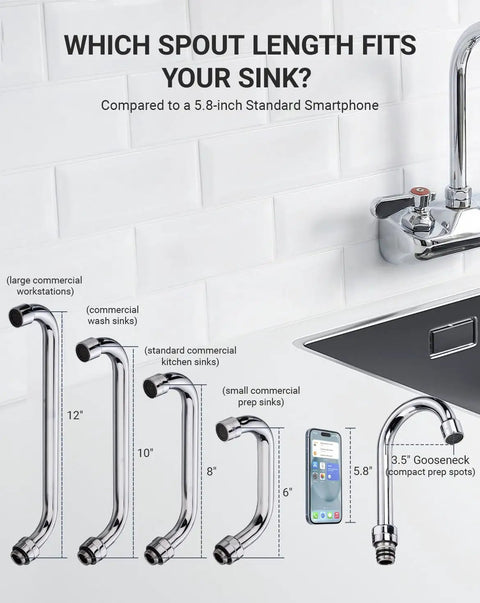 Different spout lengths for Real Deal Commercial Wall Mount Kitchen Faucet compared to a smartphone for accurate sizing.
