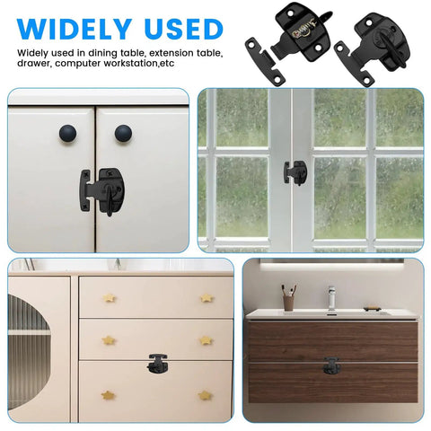 Sturdy Spring Table Locks Pair Designed Tight For Snappy Folding, Heavy Duty Zinc Alloy Drop Leaf Buckle Connectors For Expandable Dining Tables, No Fuss Rust Proof Furniture Hardware Installation Kit on various furniture styles.
