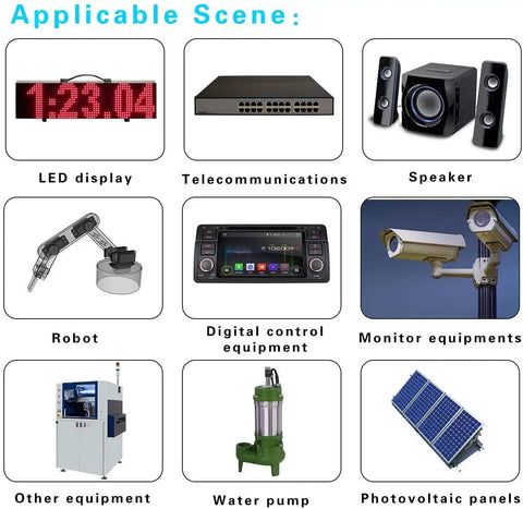 Applicable usage scenarios for DC To DC 24V Down Converter To 12V Regulator 20A 240W including LED displays and solar panels.
