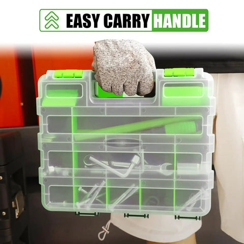 Person holding Double Sided 34 Compartments Tool Organizer Box With Clear Lid Removable Dividers For Hardware Screws Bolts Nails