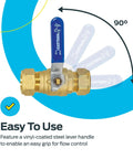 Full Port Brass Ball Valve With Three Quarter Inch Compression Ends Inline Water Shut Off Valve For Plumbing No Fuss Easy Grip Vinyl Coated Steel Lever Reliable Flow Control Model 20097LF, showcasing vinyl-coated lever at 90 degrees