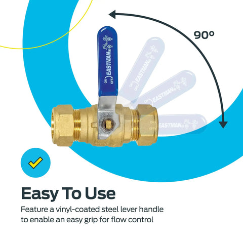 Full Port Brass Ball Valve With Three Quarter Inch Compression Ends Inline Water Shut Off Valve For Plumbing No Fuss Easy Grip Vinyl Coated Steel Lever Reliable Flow Control Model 20097LF, showcasing vinyl-coated lever at 90 degrees