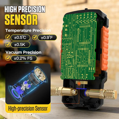 All In One HVAC Digital Vacuum Gauge With Smart Evacuation And Leak Detection Pro Grade Accuracy For Fast Readings In Torr Mbar Hpa InHg Auto Calibration 3 Inch LCD And 7 16 UNF Threads sensor module with brass fittings