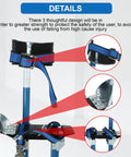 Close-up of adjustable 24 to 40 inch aluminum drywall stilts for painting, taping, or cleaning, highlighting straps and footplate, blue.