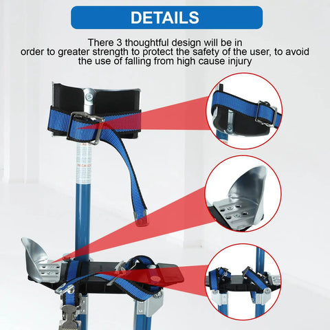 Close-up of adjustable 24 to 40 inch aluminum drywall stilts for painting, taping, or cleaning, highlighting straps and footplate, blue.