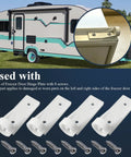 Freezer Door Hinge Plate Replacement Set For Dometic 2002244008 And Instamatic 330019 Fits Dometic Electrolux And Other RV Camper Trailers 2-Way And 3-Way Refrigerators 4 Pieces Non OEM Replacement Parts, shown with screws on a table with an RV in background