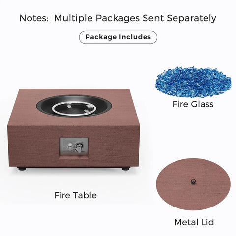 28 Inch Propane Fire Pit Table With 40,000 BTU Gas Fire Pit For Outdoor Patio Backyard Auto Ignition Burner Lid And Blue Fire Glass Rocks For Cozy Outdoor Gatherings And Weatherproof Patio Ready components include table, metal lid, and fire glass displayed