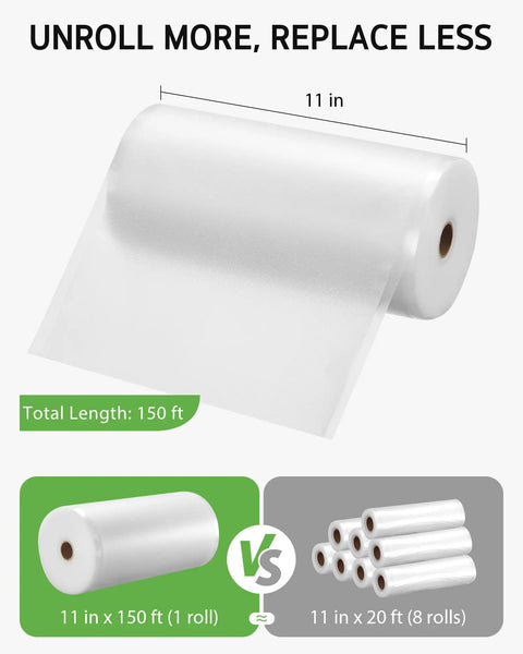11 Inch By 150 Foot Vacuum Sealer Roll With Cutter For Food Storage BPA Free Heavy Duty Commercial Grade, one roll shown