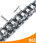 Close-up of Front 420 Roller Chain 42 and Rear 90 Link Drive Chain Breaker Kit for Predator 196cc 212cc mini bikes showing link dimensions.