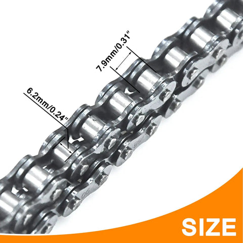 Close-up of Front 420 Roller Chain 42 and Rear 90 Link Drive Chain Breaker Kit for Predator 196cc 212cc mini bikes showing link dimensions.