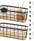 Set Of 2 Small Wire Baskets For Countertop Storage with wood base, rustic farmhouse style with included wall mount screws.