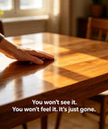Natural Wood Polish And Scratch Repair Balm No Sweat Quick Fix Furniture Wax applied on a polished wooden table with sunlight.