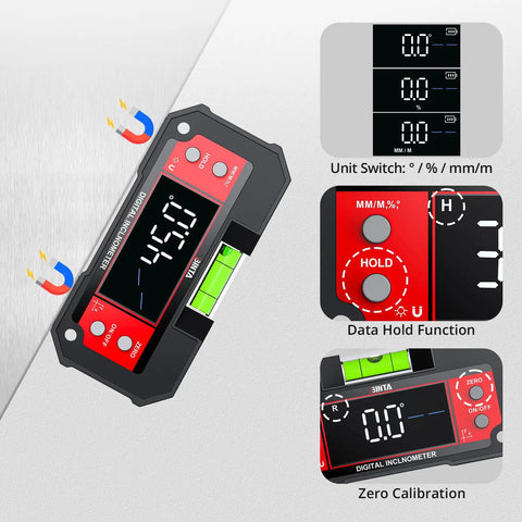 Heavy Duty Digital Angle Finder With Dual Axis Level And Quick Slope Checks Featuring Clear Led Screen And Built Tough Construction For No Fuss Contractor Projects Daily, showing display and buttons.