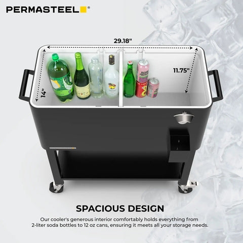 80 Quart Rolling Party Cooler With Divider And Removable Basin Includes Serving Tray Holds Up To 110 Cans Matte Black Ice Chest For Indoor And Outdoor Use Keeps Drinks Icy For Hours.