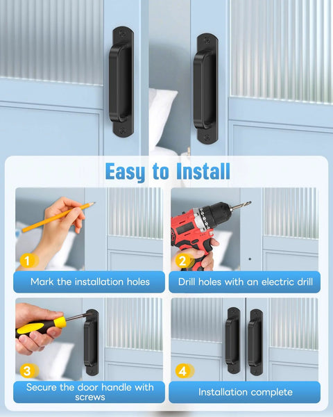 Installation steps for 5.7 Inch Sliding Barn Door Handle Aluminum Alloy Cabinet Pull with black ergonomic grip and screws.
