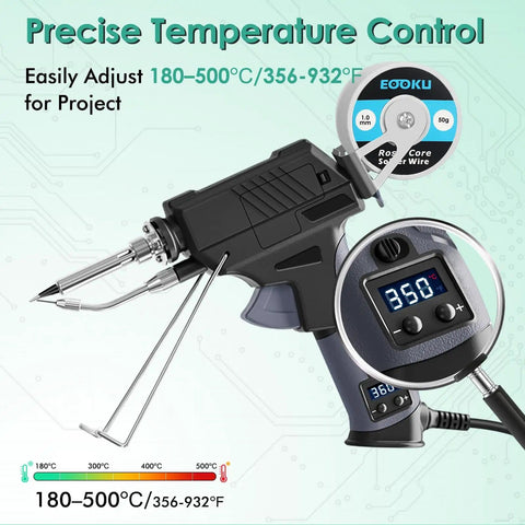 60W Auto Feed Soldering Iron Gun Kit With Adjustable Temperature LCD Display showing 180-500°C, wire feed visible