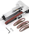 Hella Tough 15 Horsepower Pneumatic Mini Air Belt Sander with multiple sanding belts and attachments for metal fabrication.