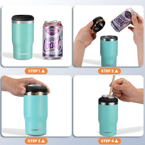 Steps showing how to use the 4 In 1 Insulated Stainless Steel Can Insulator That Fits Standard And Slim 12 Oz Cans And Beer Bottles Doubles As A 12 Oz Insulated Tumbler For Outdoor Adventures.