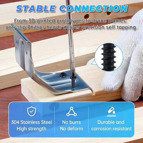Pro Grade Phillips Pan Head Self Tapping Screws, Black Coated 304 Stainless Steel Tek Fasteners being used on wood with a metal bracket.