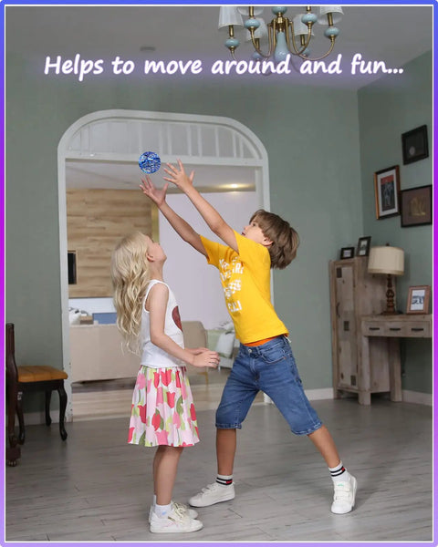 Children playing indoors with Hand Controlled Flying Orb With Lights Boomerang Drone For Kids Indoor Outdoor Fun, UFO Mini Drone.