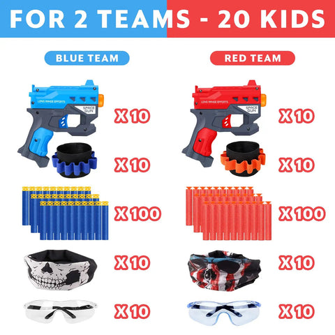 20 Pack Mini Foam Blaster Party Set For Kids 3-7 Includes 400 Soft Foam Darts, 20 Safety Goggles, 20 Face Masks, 20 Wrist Straps, Nerf Style Toy Guns For Birthday Battle Fun image showing blue and red team sets.