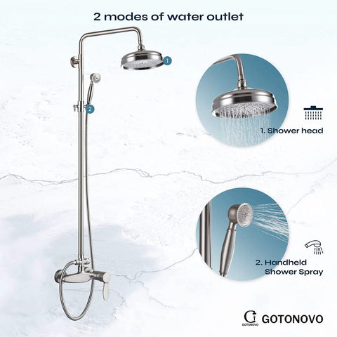 Exposed Shower Fixture System With 8 Inch Round Rainfall Shower Head Single Handle Dual Function Faucet Dope Brushed Nickel Finish