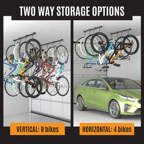 Adjustable Ceiling Mounted Bike Rack for Garage Holds 4 To 8 Bikes in Tight Spaces With 8 Adjustable Hooks Heavy Duty Steel